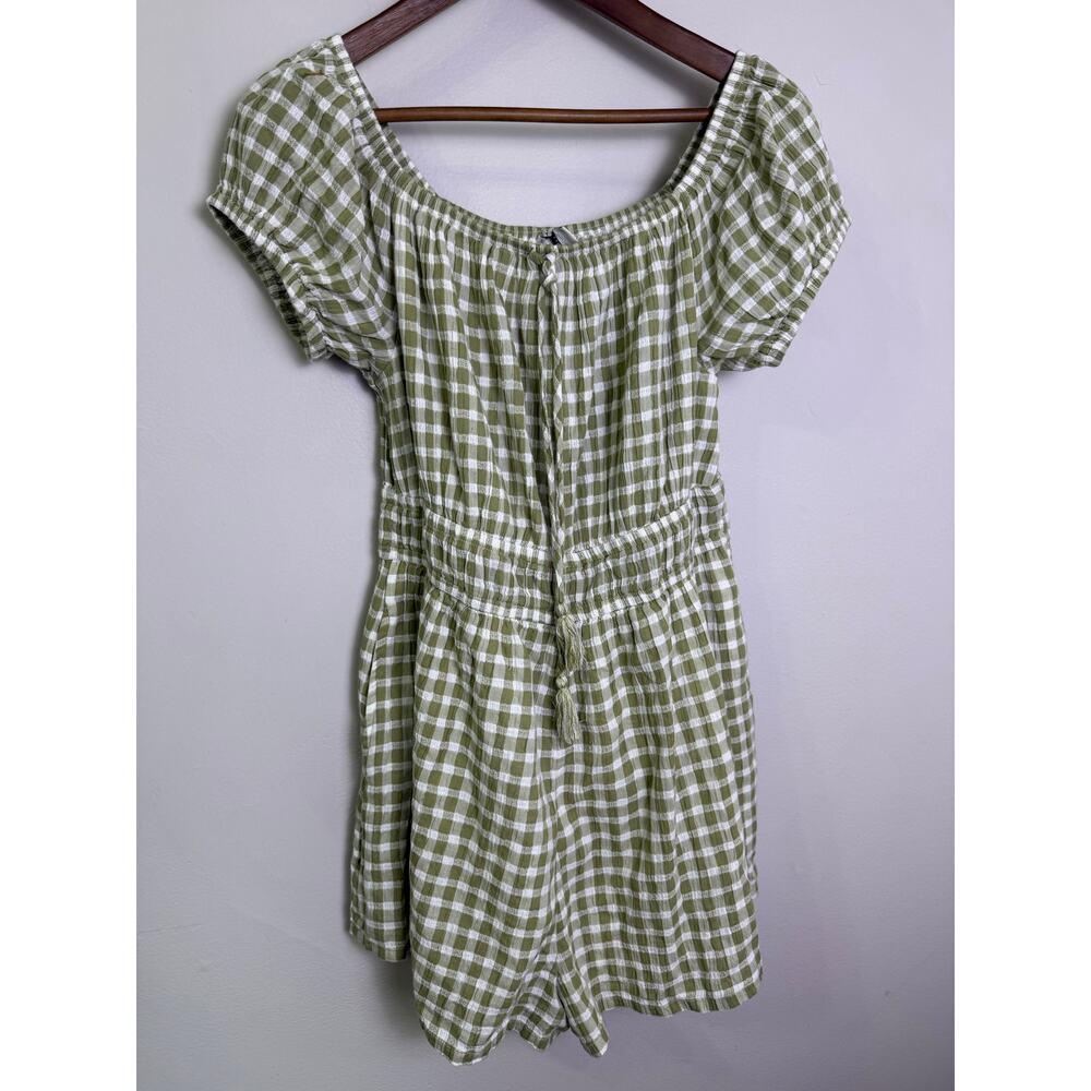 American Eagle Olive Green Gingham Off Shoulder Romper Elastic Waist Large - Picture 2 of 5